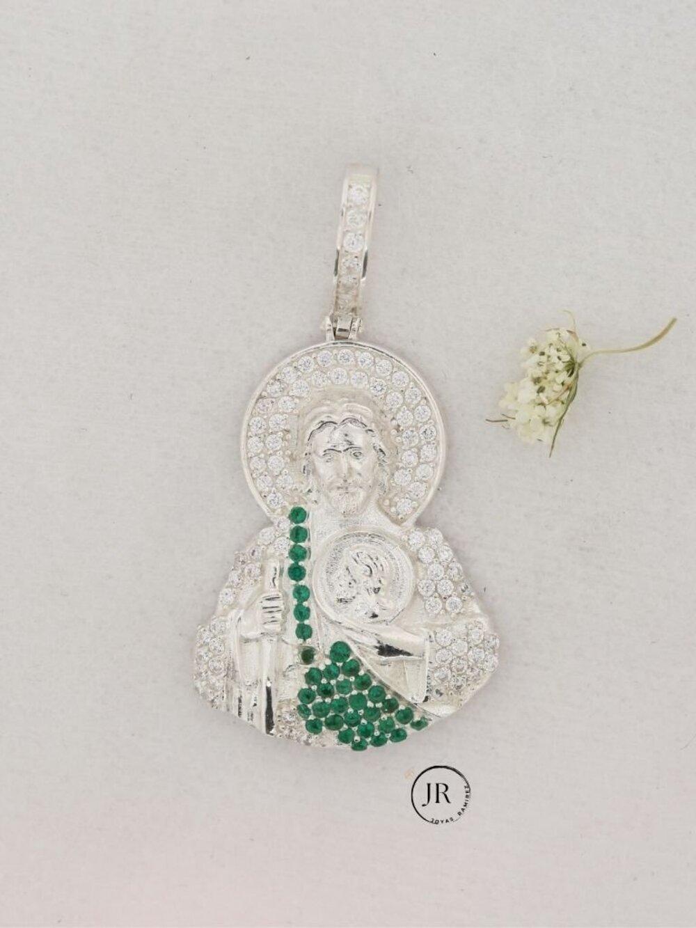 1.22" (3.1 cm) 925 Silver St Jude Pendant Green CZ Sn Judas Tadeo Figure Pendant